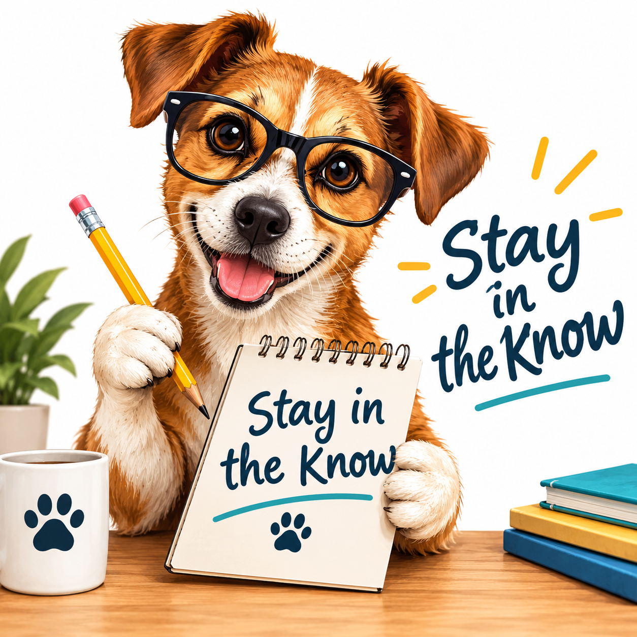 Friendly illustrated dog sharing Stay in the Know news